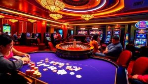 RR88 casino scene featuring thrilling gameplay with poker chips, cards, and a roulette wheel.