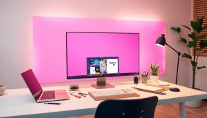 Creative workspace with a pink screen as a calming backdrop for artists and designers.