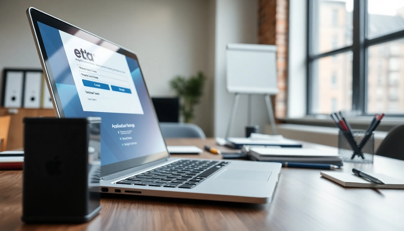 Complete the eta UK application form on a modern laptop in a bright office setting.