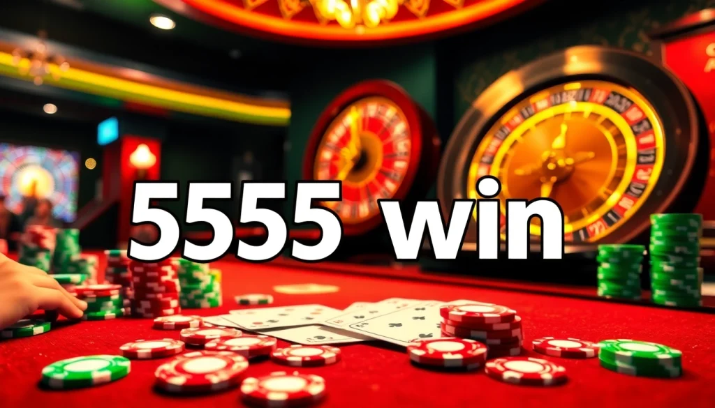 Experience the excitement of winning at 555 win with vibrant poker chips and a roulette table.