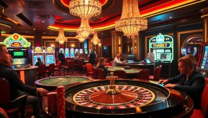 Experience the thrill of gambling at THABET with lively casino tables and poker players.