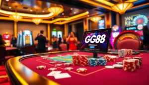 Experience the excitement of gambling with GG88 guru at a luxurious poker table full of vibrant chips and cards.