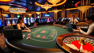 Man88 casino scene showcasing players at a blackjack table surrounded by vibrant slot machines.