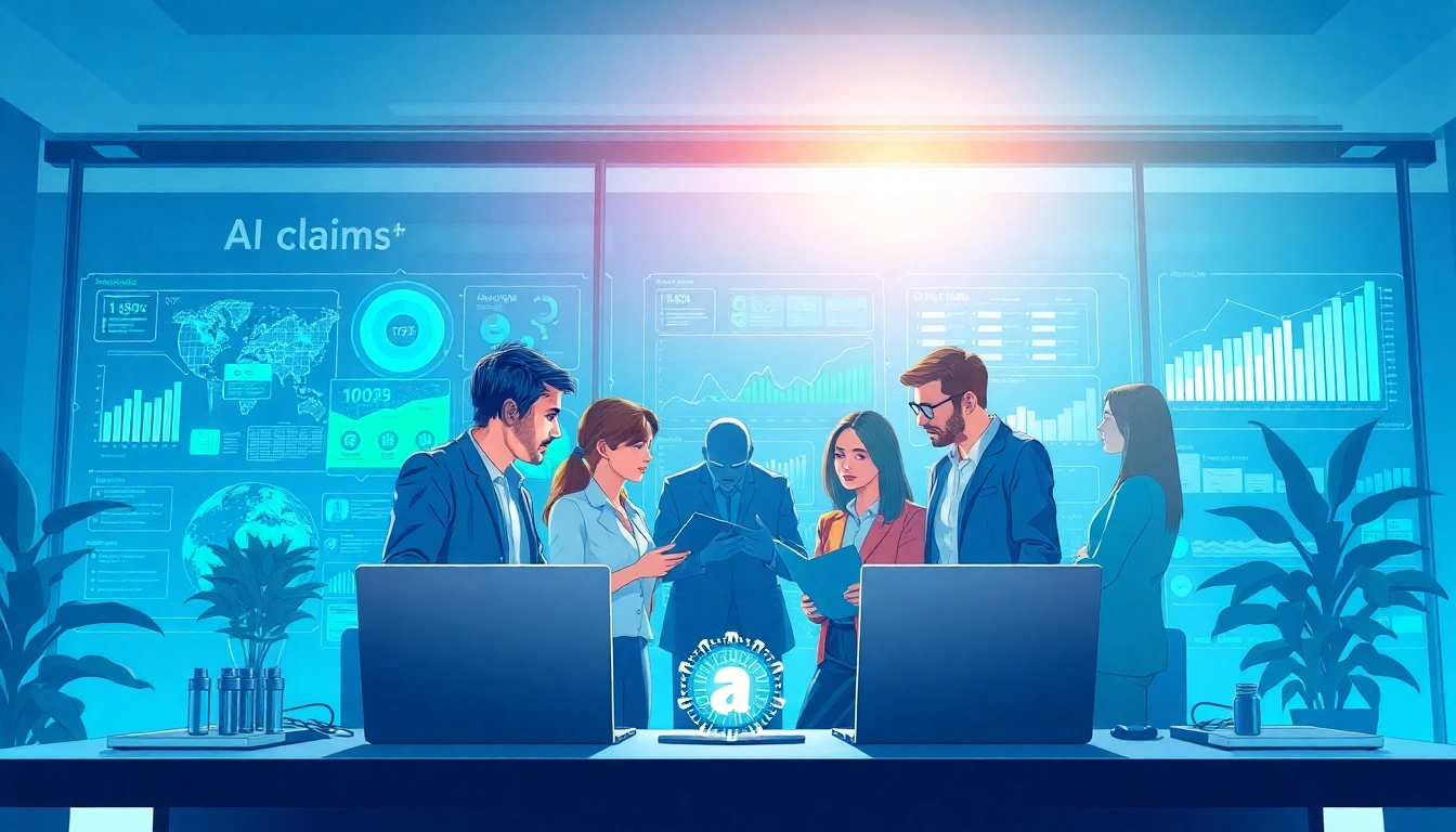 Professionals engaged in AI claims processing, collaborating over technology in a vibrant office environment.