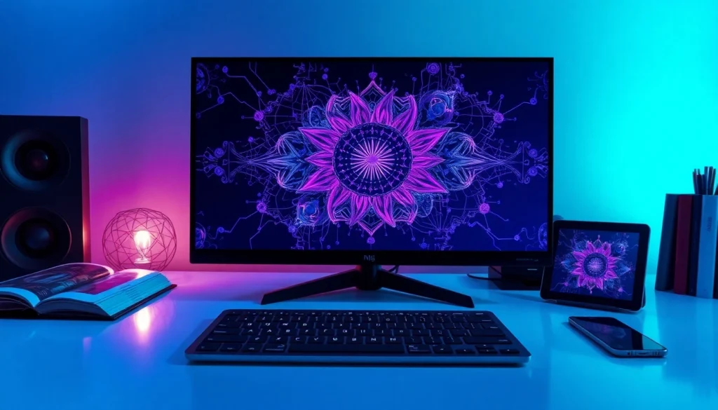 Intricate NSFW AI image generator interface in a modern workspace, showcasing vivid digital art.