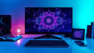 Intricate NSFW AI image generator interface in a modern workspace, showcasing vivid digital art.