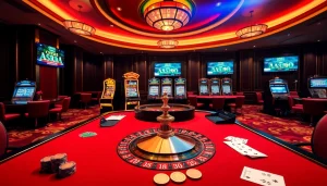 Players engaging at RR88 casino table with cards and chips in a vibrant atmosphere.