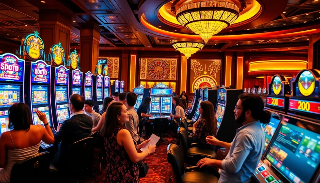 Mainkan permainan slot depo pulsa yang seru dalam suasana kasino yang hidup, dipenuhi pemain yang enerjik dan mesin-mesin berwarna-warni.