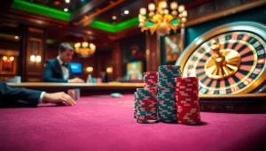 SODO casino scene with table games, poker chips, and a spinning roulette wheel in a luxurious setting.