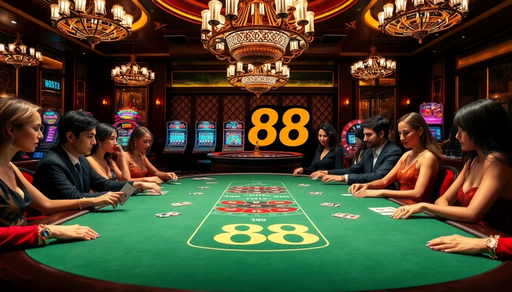 Experience high-stakes poker at the glamorous s88 casino table with players and vibrant chips.