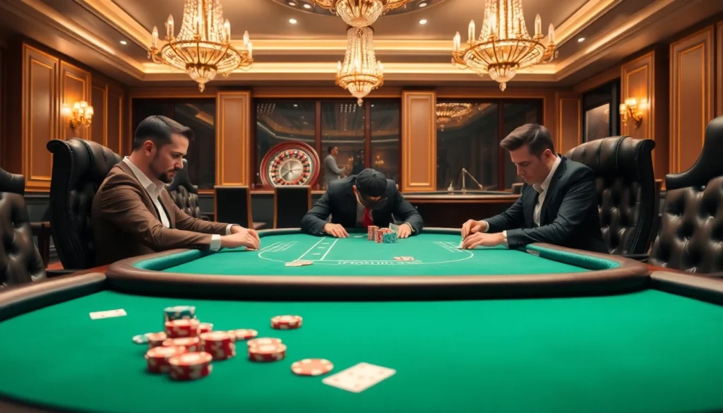 Players engaged in a high-stakes poker game at TT88, surrounded by cards, chips, and luxury decor.