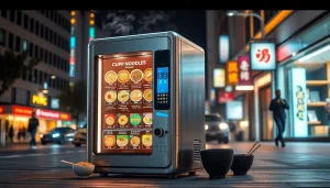 Cup noodle vending machine dispensing fresh noodles with a sleek design and digital interface in an urban setting.