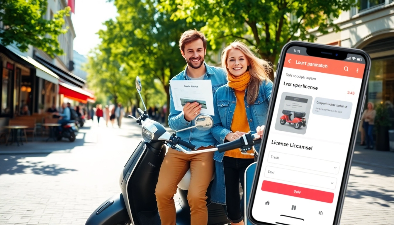 Scooter rijbewijs kopen process in a lively urban setting, featuring a couple with their scooter license and a stylish scooter.