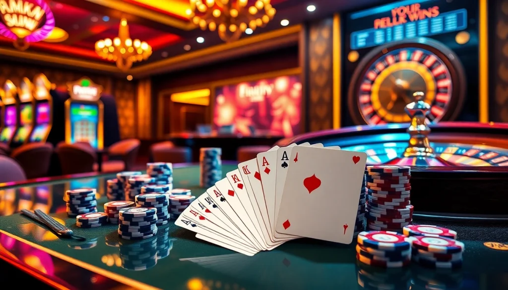 Engaging scene of online gambling showcasing rikvip with casino tables and vibrant slot machines.