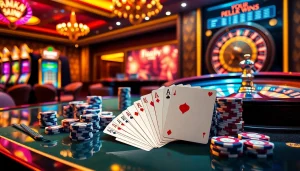 Engaging scene of online gambling showcasing rikvip with casino tables and vibrant slot machines.