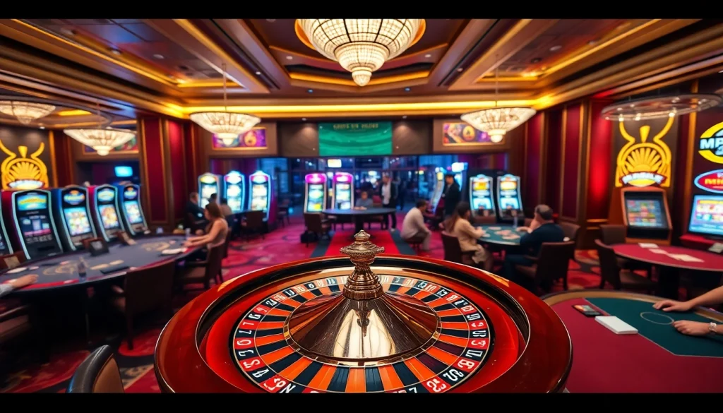 MM88 casino gaming area featuring roulette, poker tables, and vibrant slot machines.