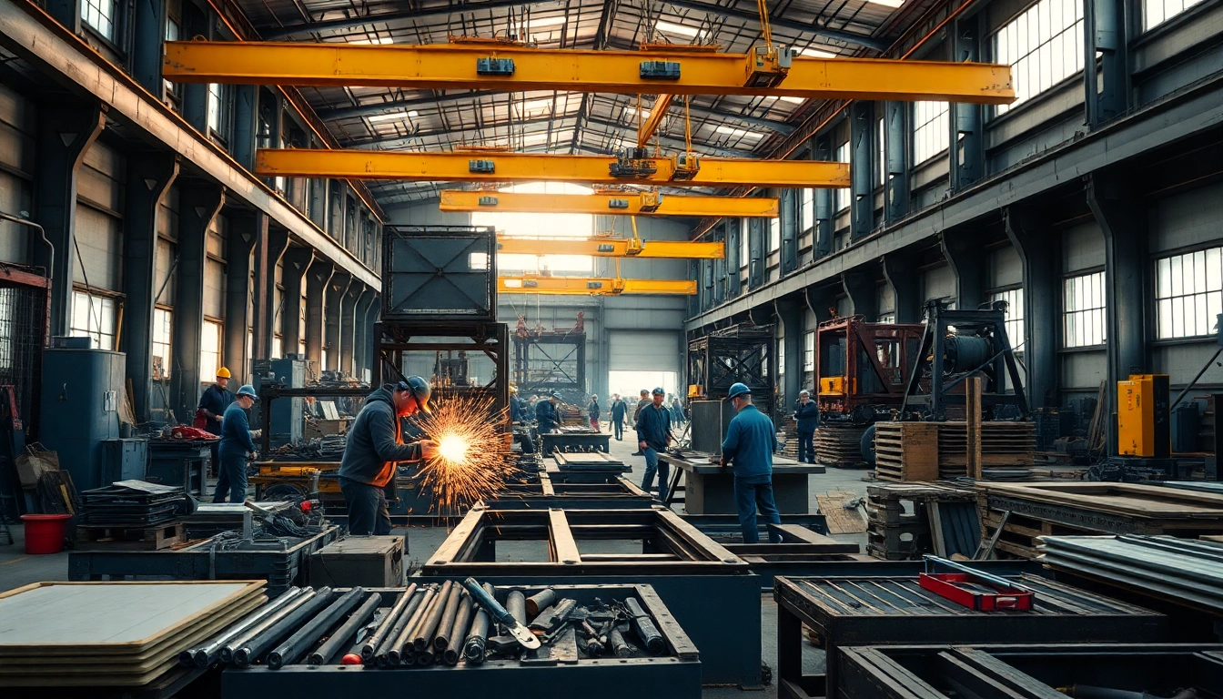 Skilled workers in a steel fabrication shop welding and assembling steel structures.