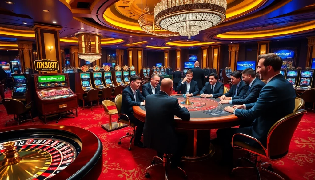 Professional gamblers engaged in high-stakes poker at mk8th.net casino, showcasing excitement and luxury.