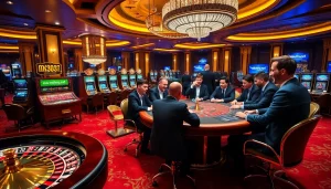 Professional gamblers engaged in high-stakes poker at mk8th.net casino, showcasing excitement and luxury.