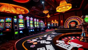Experience the excitement of Luckywin at a luxurious casino table with vibrant slots and roulette.