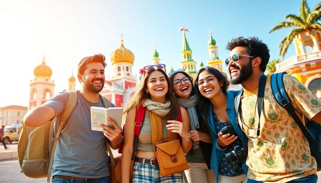 HIS クーポンを使って冒険を楽しむ友人たち、活気ある観光地を探索している。