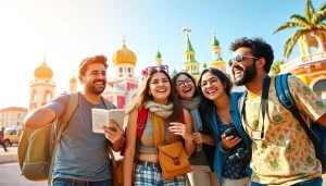 HIS クーポンを使って冒険を楽しむ友人たち、活気ある観光地を探索している。