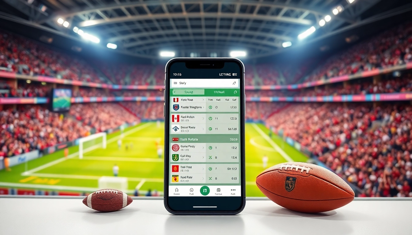 Track live scores with ผลบอลสดgo, showcasing a sports app in a dynamic stadium environment.