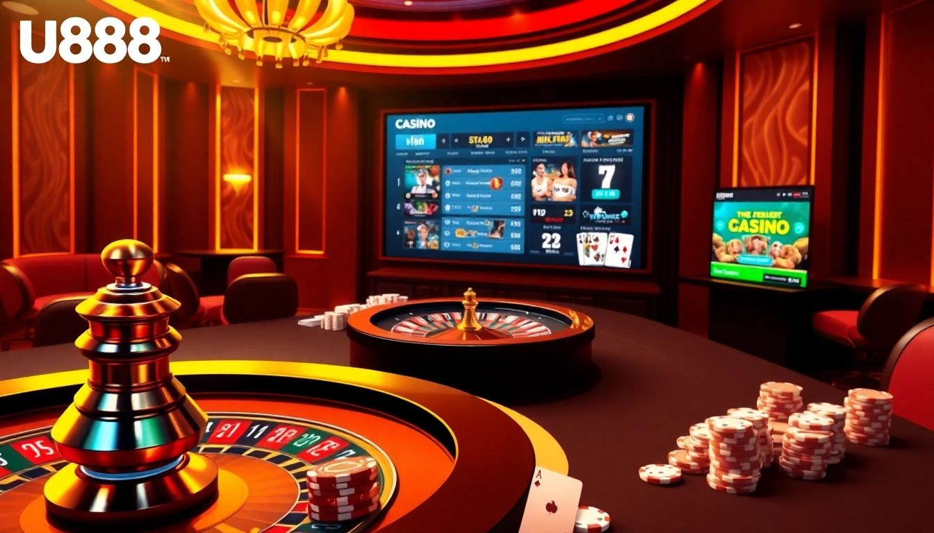 Experience thrilling gambling action at U888 with casino tables, vibrant cards, and lively betting scenes.