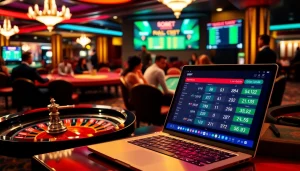 Sbobet online betting interface set in a luxurious casino with poker tables and roulette wheels.