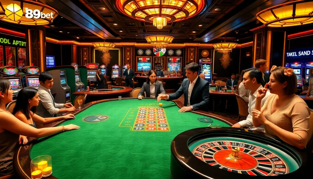 Engage in high-stakes poker gameplay at 89bet's elegant casino tables with lively atmosphere.