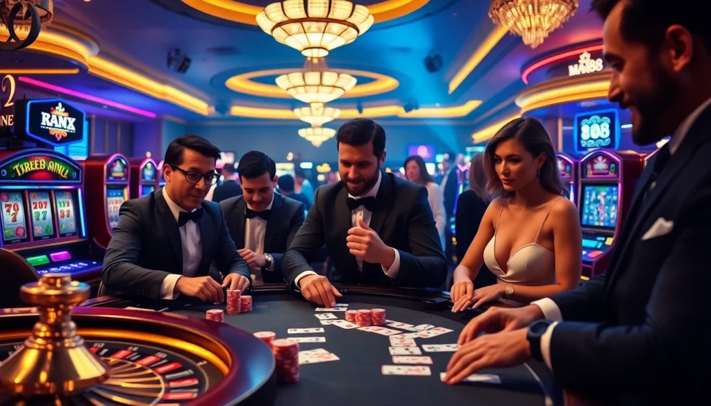 Experience high-stakes thrills at Man88's sophisticated casino scene with poker chips and glowing slot machines.