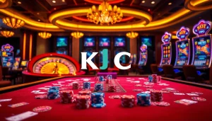 KJC casino scene showcasing vibrant gaming tables with poker chips and an elegant roulette wheel.