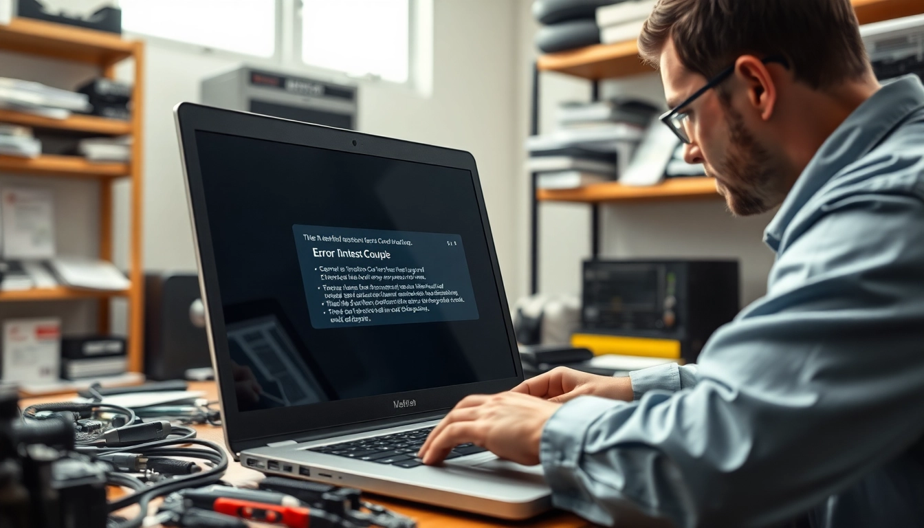 Technician performing computer repair on a laptop in a bright workshop.