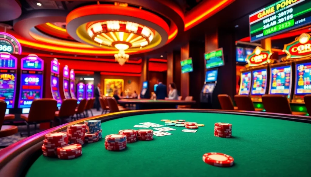 GO88 players enjoying an exciting game around a vibrant poker table in a luxurious casino setting.