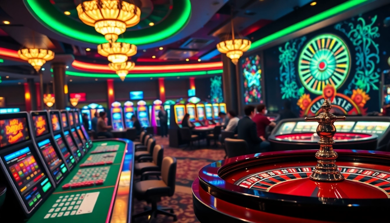 Experience thrilling gameplay with cà khịa tv at this vibrant casino scene featuring roulette and slot machines.