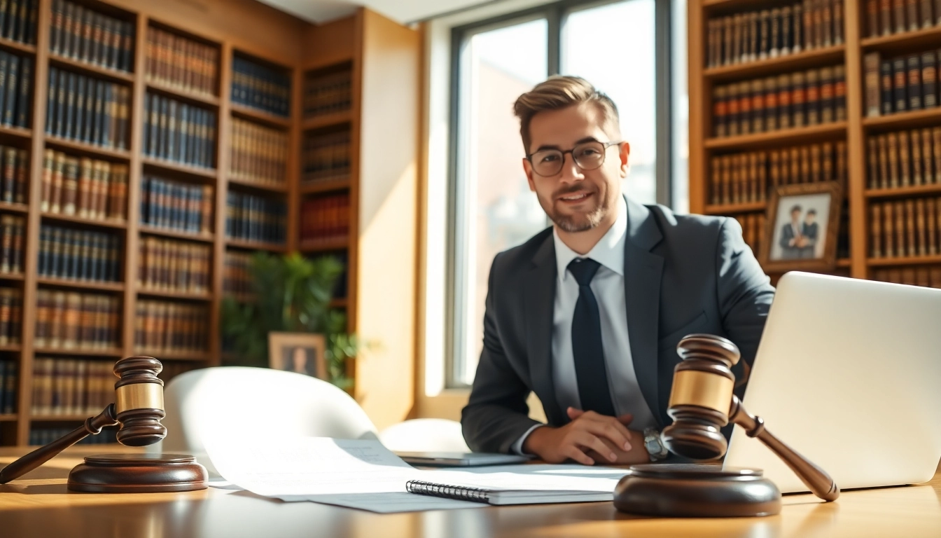 Real estate lawyer reviewing documents in a bright office setting, showcasing professionalism and expertise.