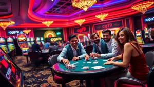 Người chơi đang ăn mừng chiến thắng tại cg79 casino, được bao quanh bởi những trò chơi đầy màu sắc và sự phấn khích.