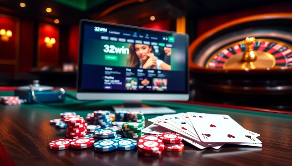 Experience the thrill of 32win with dynamic online gambling action and poker chips in focus.