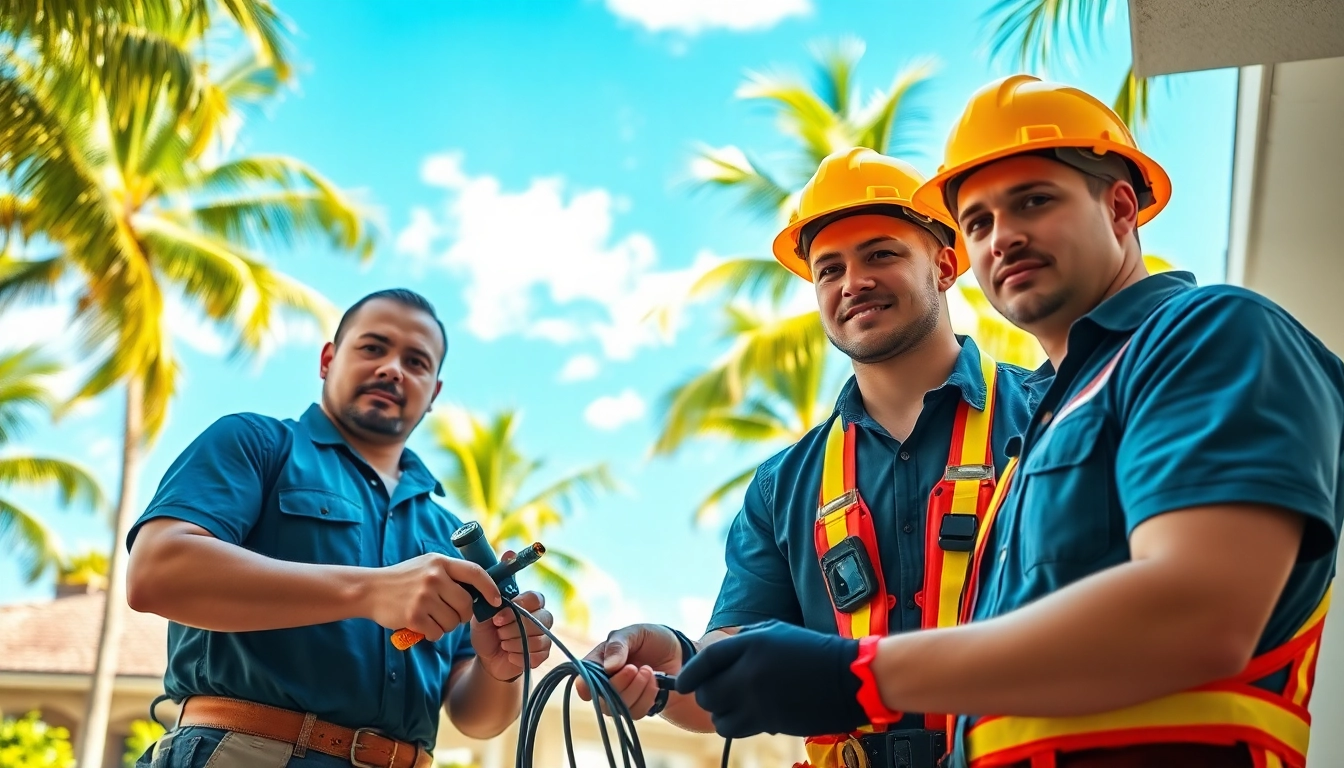 Electrician apprenticeship Hawaii students collaborating on a wiring project outdoors.