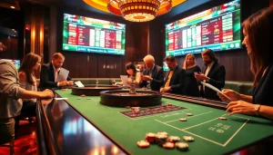 Engaging scene showcasing เทคนิคแทงบอล with patrons in a sports betting lounge.