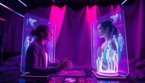 Engaging NSFW AI interaction scene with holographic technology and vibrant colors.