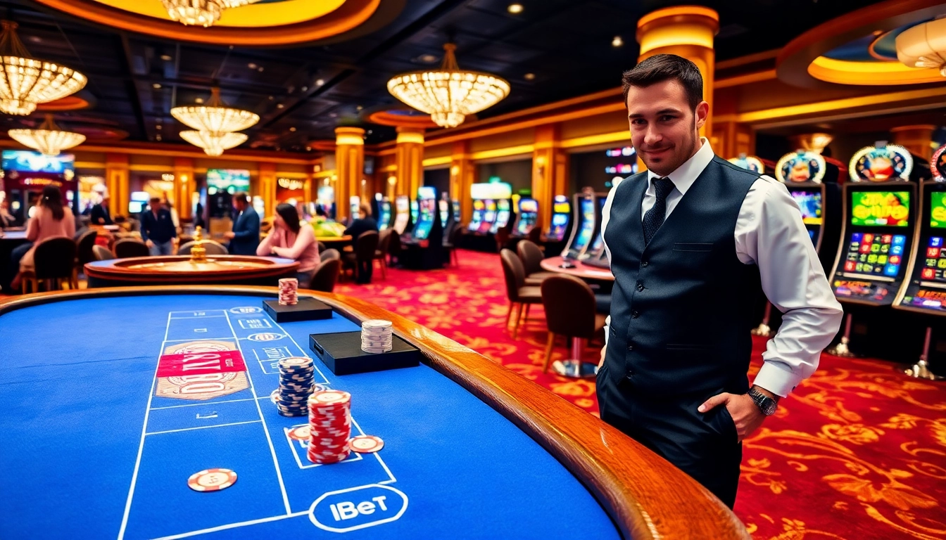 I9BET players enjoying an exciting game of blackjack in a luxurious casino setting.