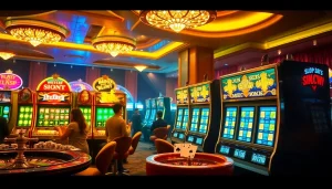 Rasakan sensasi slot depo pulsa dengan mesin slot berwarna-warni dan pemain yang antusias dalam suasana kasino mewah.