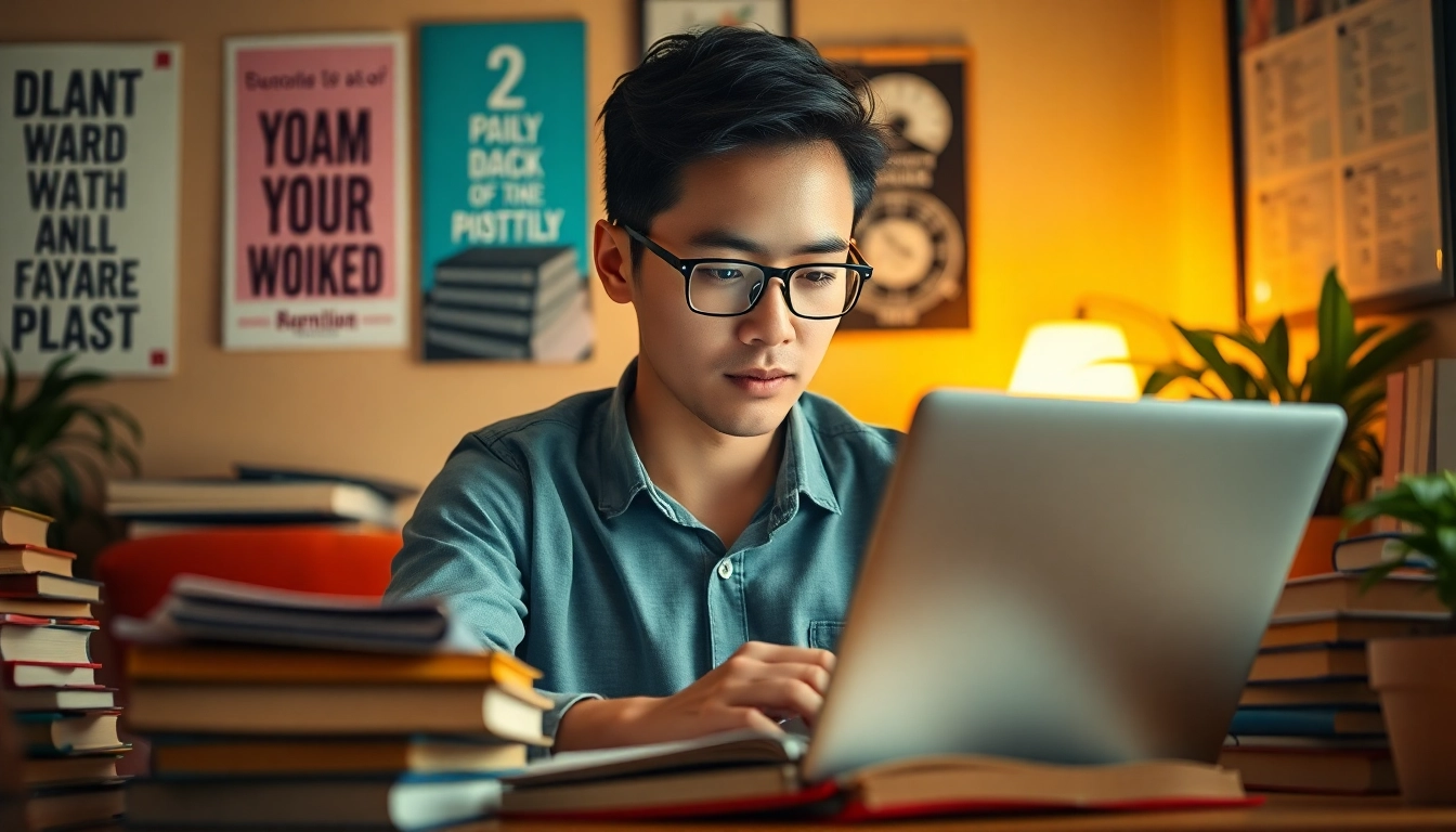 Engaged student utilizing exam assistance services in a cozy study environment.