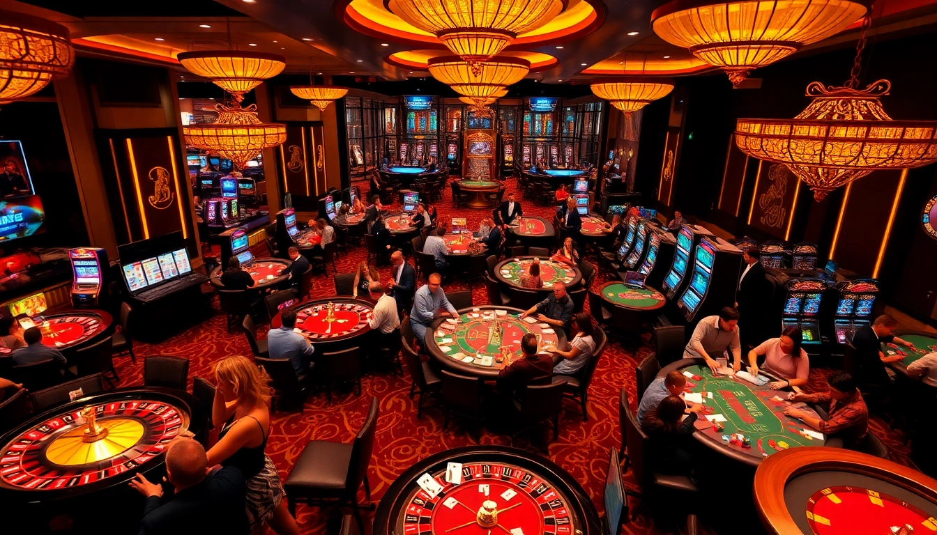 Une scène captivante de joueurs profitant de leur temps dans un meilleur casino en ligne, avec des tables de casino vibrantes et des machines à sous lumineuses.