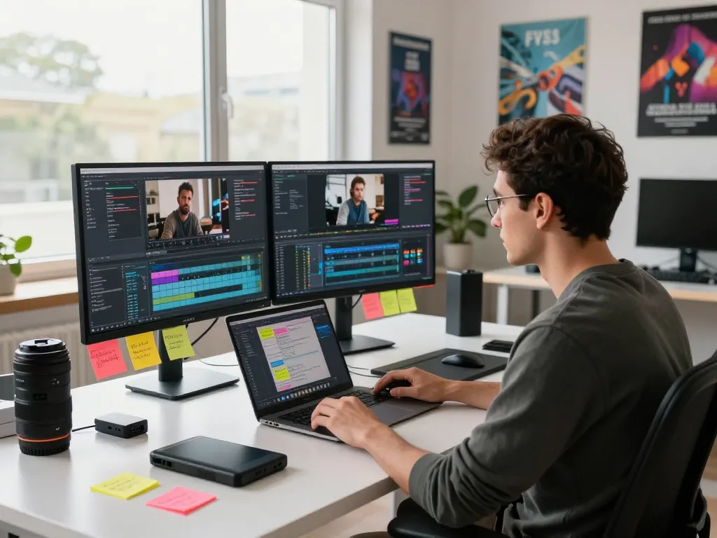 video to prompt ai - professional editor creating video prompts in a dynamic workspace