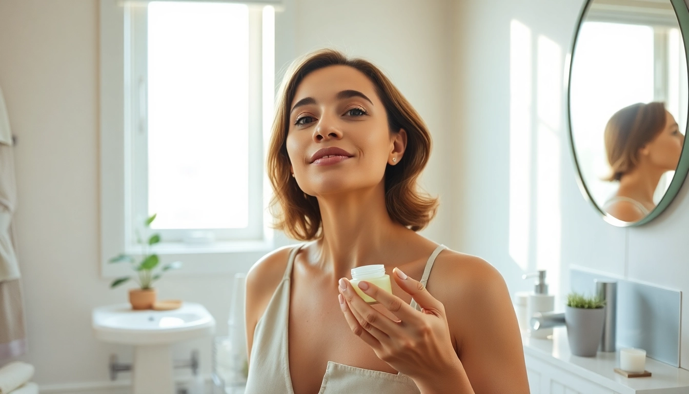 How to tighten neck skin feature a woman applying neck cream in a serene bathroom.