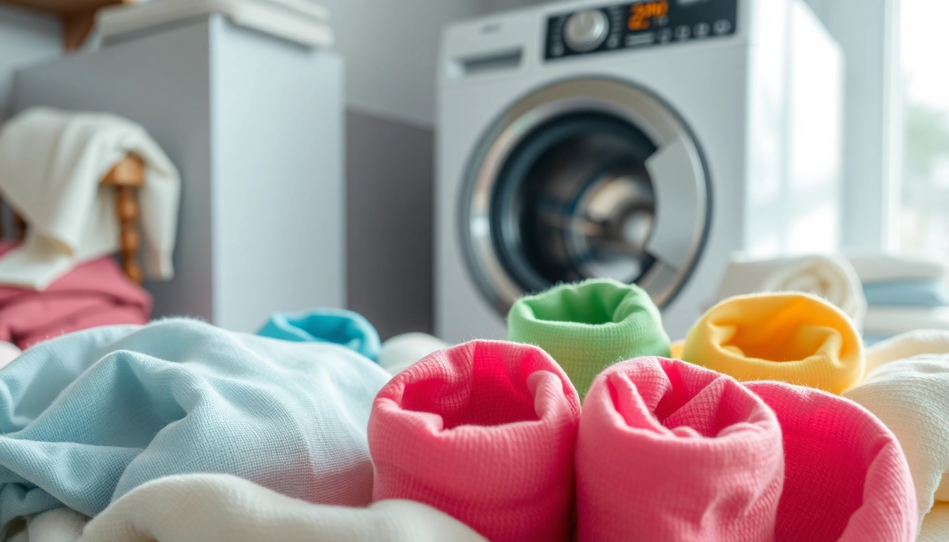 Katoen stof wassen in een professionele wasopstelling met kleurrijke stoffen en een wasmachine.