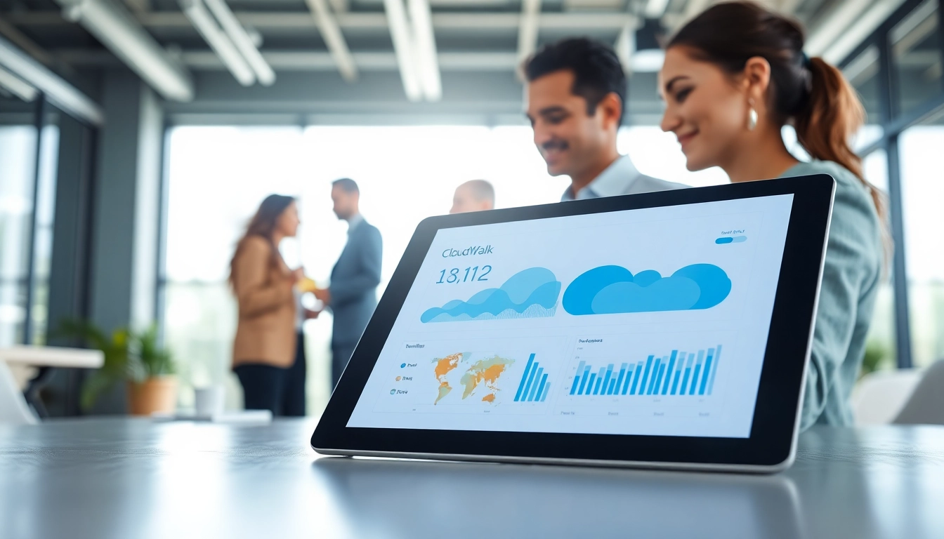 Showcasing CloudWalk Technology with innovative cloud analytics in a modern office setting.