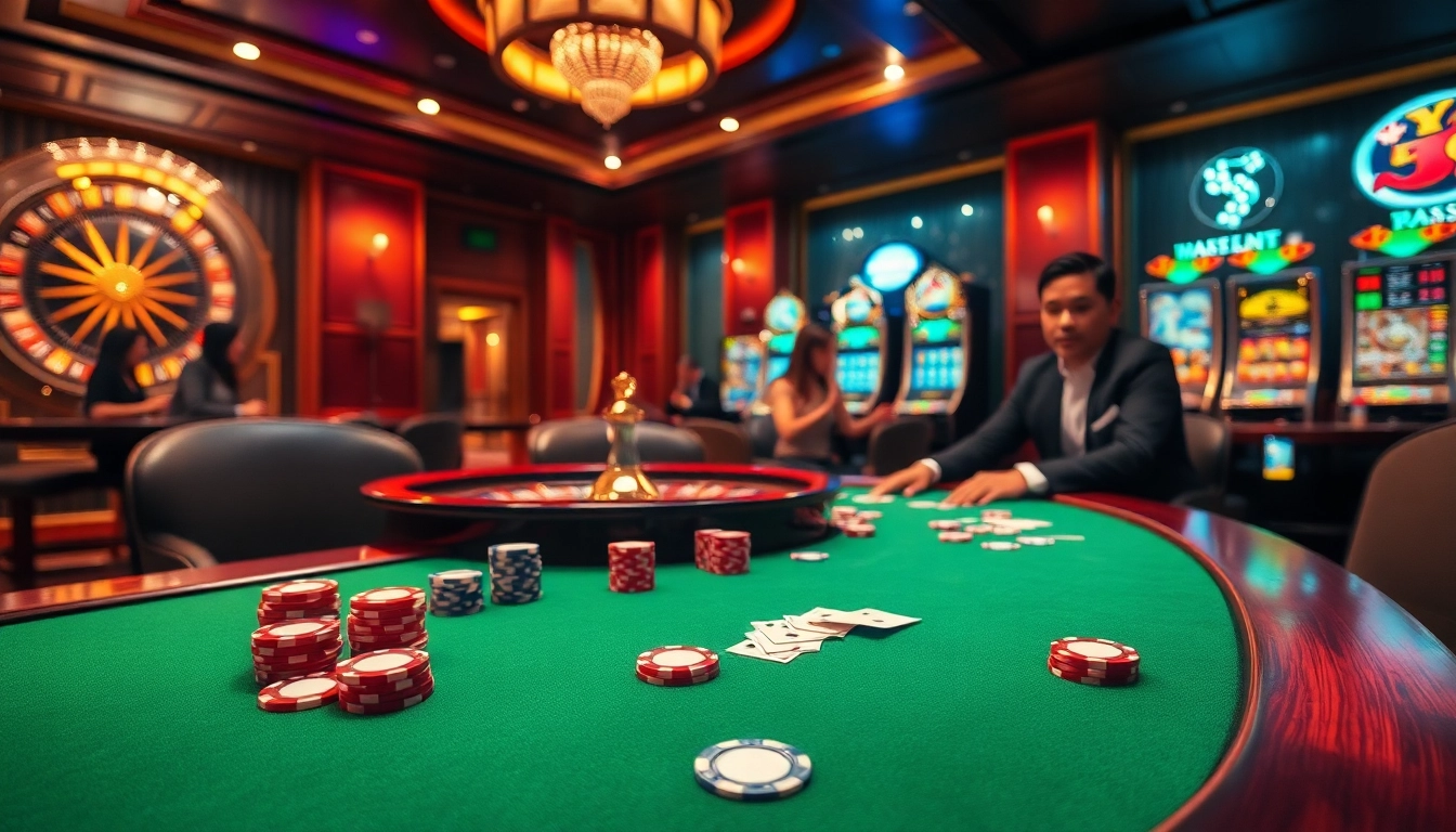 Experience the thrilling atmosphere of RR88 with vibrant casino visuals, showcasing exciting games and players.